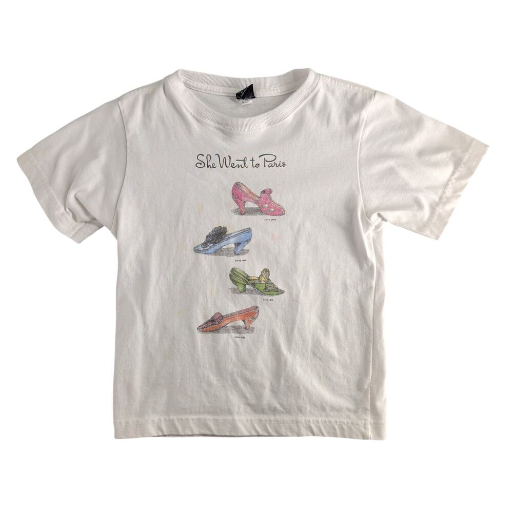 Vintage 90s Lands End She Went to Paris Shoes Baby Tee Large (14x18) Y2K Kidcore
